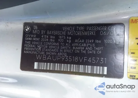2008 BMW 128I from USA, damaged, VIN WBAUP93518VF45731